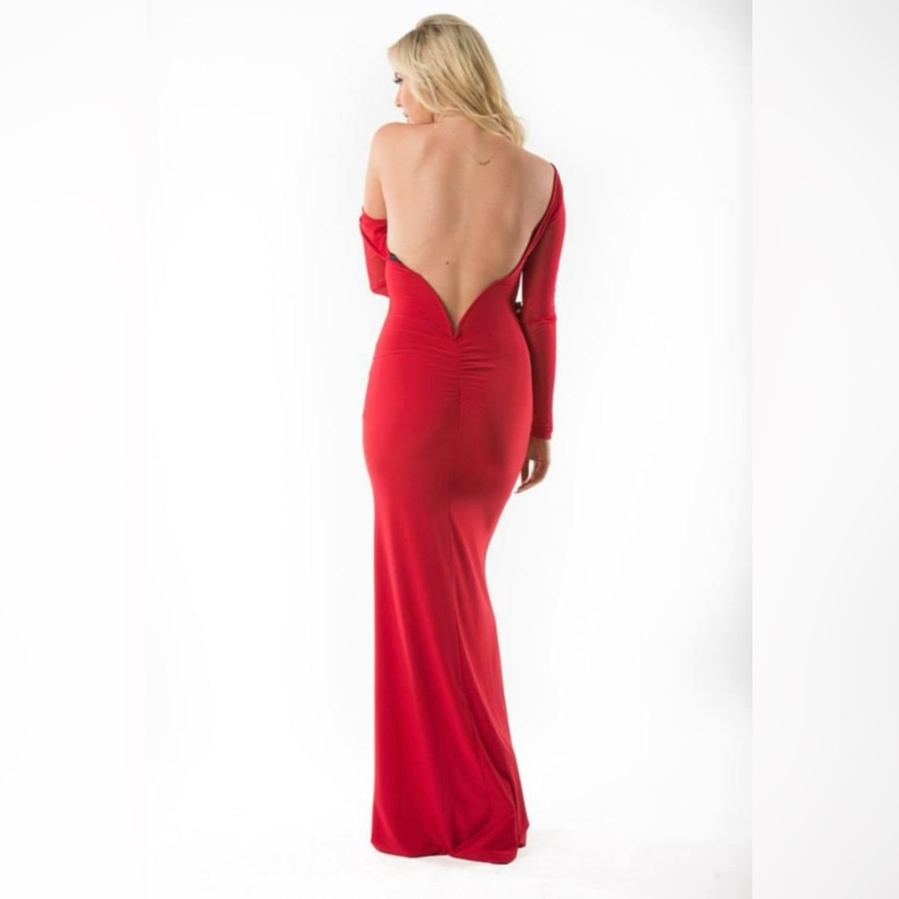 Rogue F. Women’s Red High Stretch Sheer Sleeves Ruched Backless Dress size Small